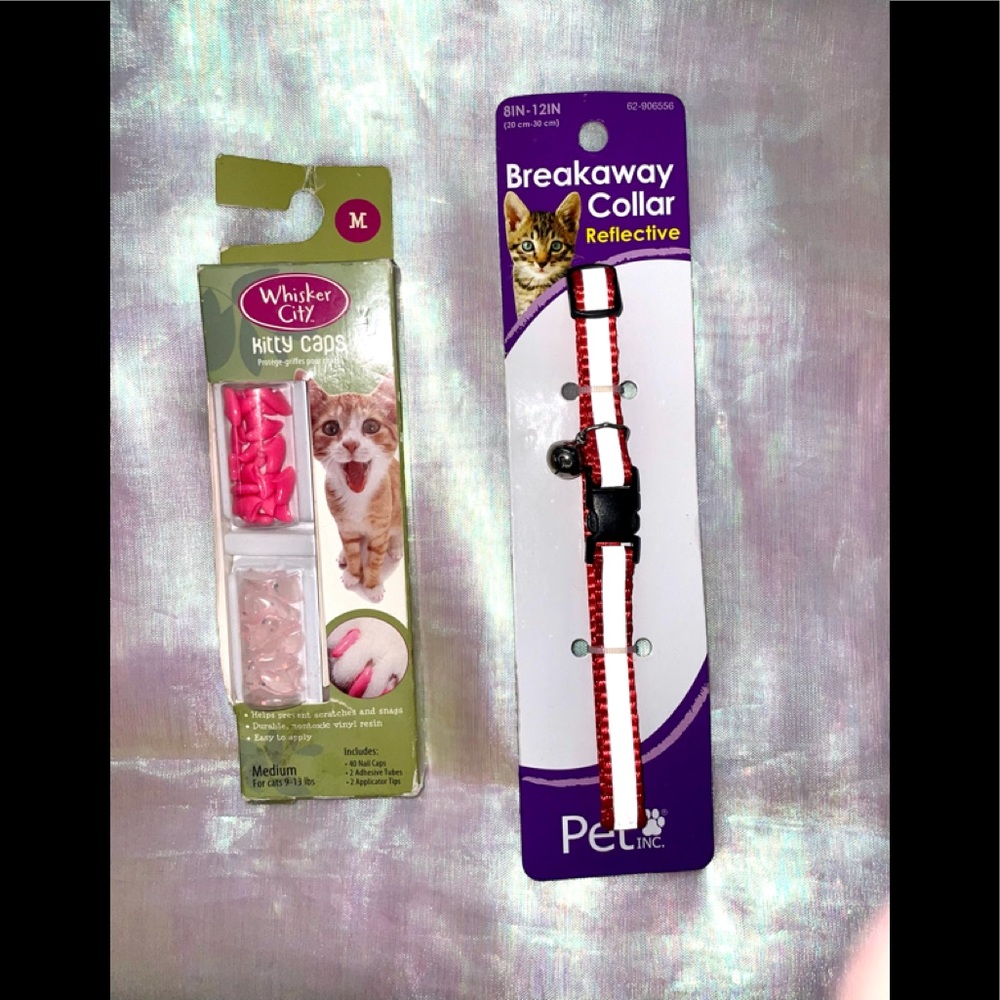 WHISKER CITY 40 KITTY CAPS & 
BREAKAWAY ADJUSTABLE CAT COLLAR REFLECTIVE NEW